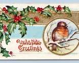 Sparrow Holly Yuletide Greetings Embossed UNP Unused Christmas DB Postca... - $6.88