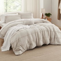 Beige Full Size Comforter Set - 4 Pieces Pinch Pleat Bed Set, Down Alternative W - £70.33 GBP