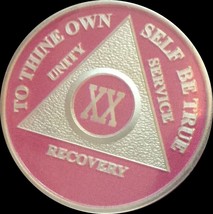 Pink &amp; Silver Plated 20 Year AA Chip Alcoholics Anonymous Medallion Coin XX - £15.98 GBP