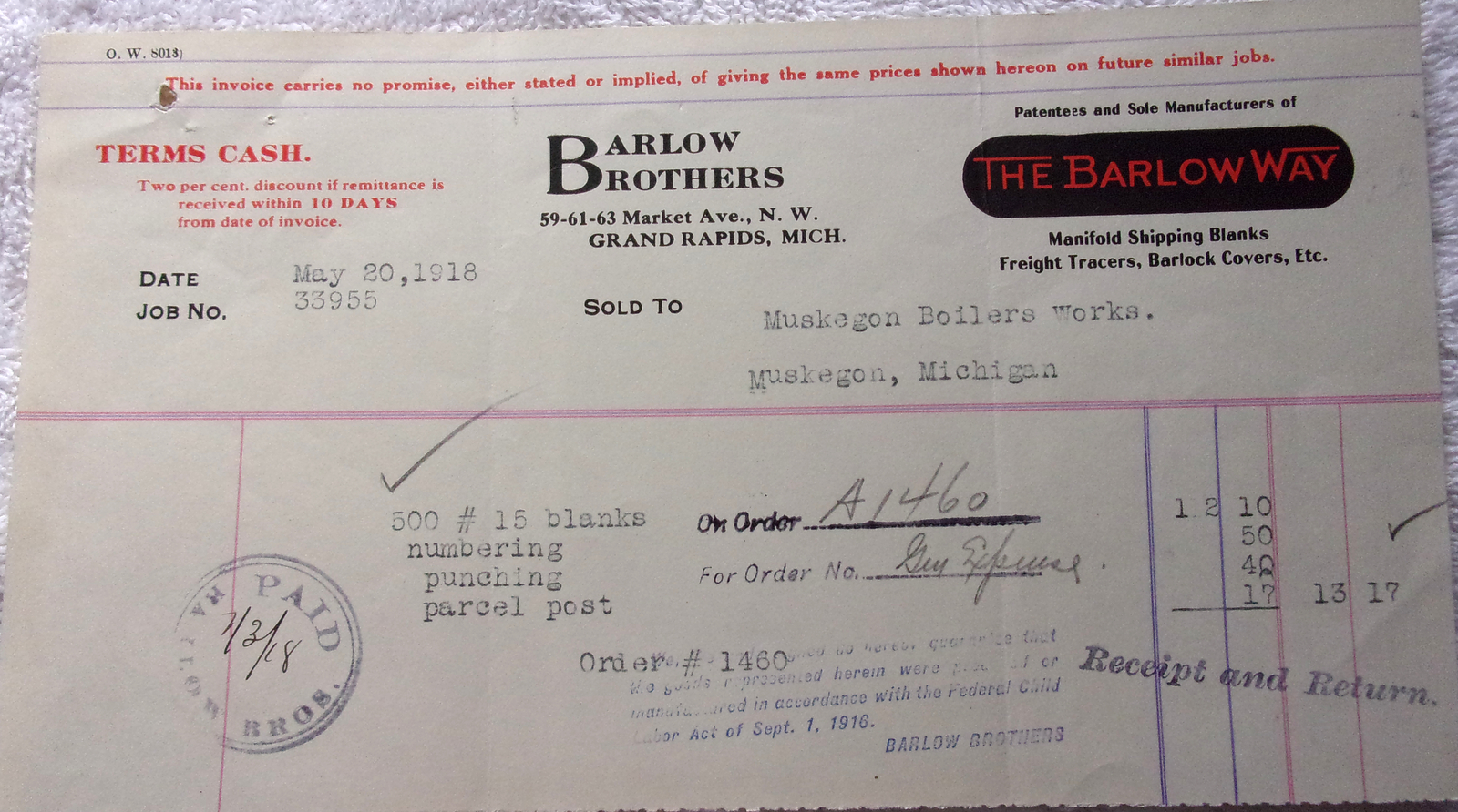Vintage Barlow Brothers Receipt Grand Rapids MI 1918 - $8.99