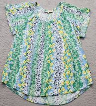 LOFT Blouse Top Womens Medium Multi Floral Rayon Pleated Short Sleeve Round Neck - £13.80 GBP