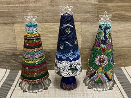 Handmade Jeweled OOAK Cone Christmas Trees ~ Lot of 3 ~ Vintage! - £26.59 GBP
