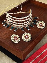 Pink Kundan &amp; Green Beads Choker Necklace Earring &amp; Ring Set For Women - £36.23 GBP