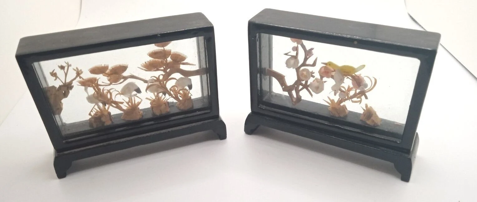 Vintage Pair Of Chinese Cork Carving Diorama Shadow Boxes (3.25&quot; L X 2.25&quot; H) - $45.00