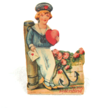 Vintage Valentine Die Cut Stand Up Boy Sailor Heart Rose Bush 1920s-30s Germany - £7.98 GBP