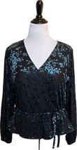 Lauren Conrad Top Size Large Teal Blue Black Velour V Neck Surplice Peplum Hem - £19.78 GBP