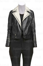 New Woman&#39;s Black White Silver Star Studded Stylish Biker Leather Jacket-141 - £199.79 GBP