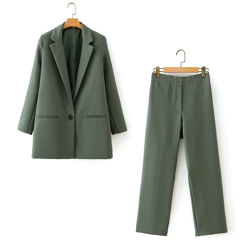 Tangada 2020 women&#39;s set gray green casual blazer suit 2 piece set female notche - £107.87 GBP