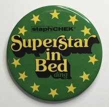 Superstar In Bed Bed ding Button Pin Green &amp; Yellow Stars Staphchec 3&quot; - $15.00