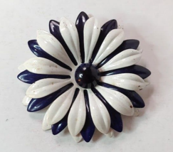 1960s Flower Pin Brooch Mod Blue and White Estate Jewelry 2 1/2 in - £14.20 GBP