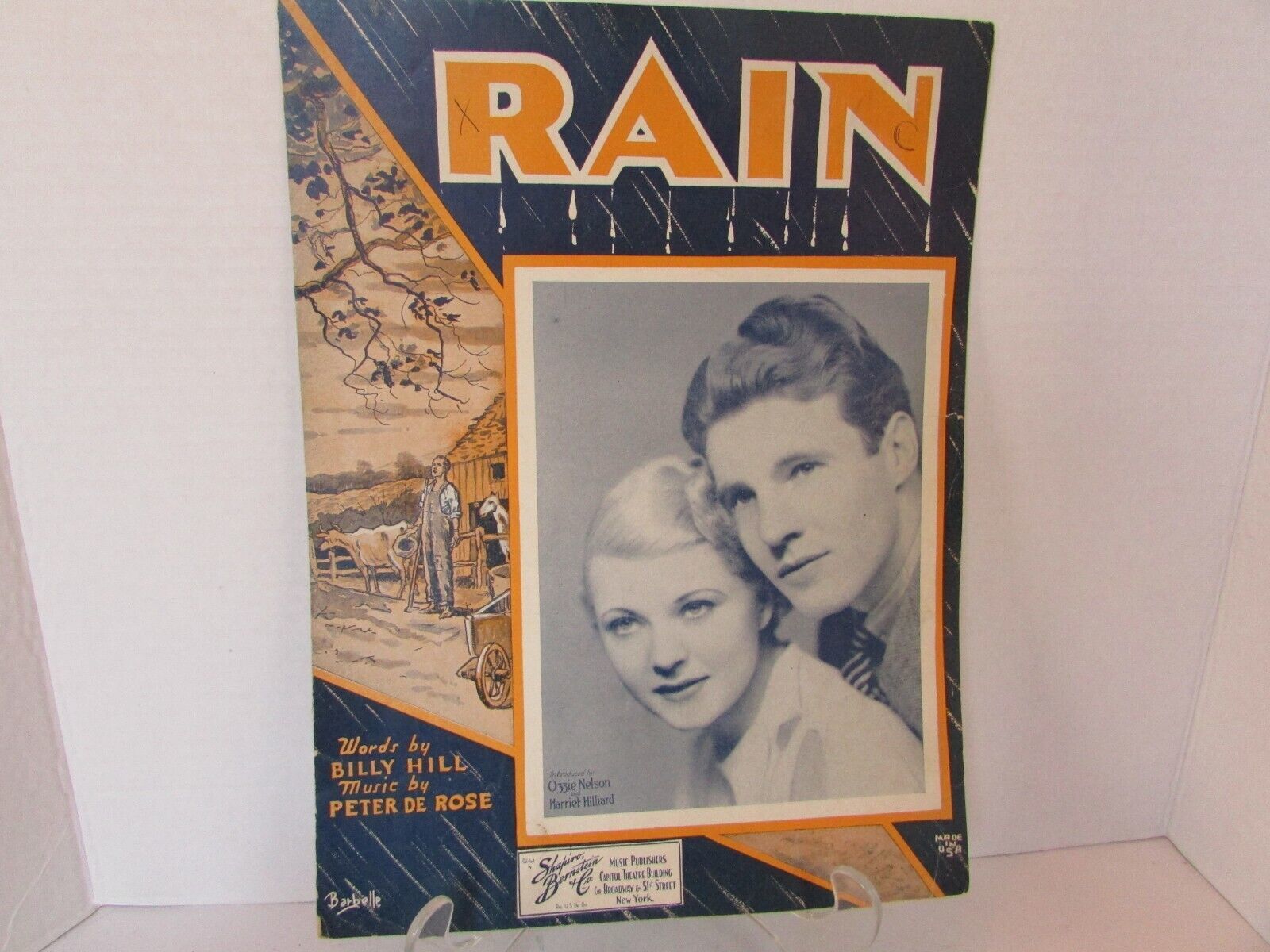 VTG RAIN OZZIE NELSON & HARRIET HILLIARD PHOTO PIANO SHEET MUSIC 1934
