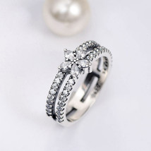 925 Sterling Silver Sparkling Snowflake Double Ring For Women  - £17.42 GBP