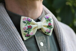 Floral Embroidered Bow Tie, Cross Stitch Bow Tie Purple Rose Bow Tie, Un... - $26.00