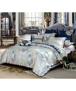6/10pc Luxury Royal Satin Jacquard Cotton Queen King Blue Silver Duvet C... - £216.27 GBP+