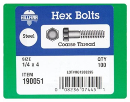 Hillman 190051 Coarse Thread Hex Bolts, Zinc Plated, 1/4&quot; x 4&quot;, 100-Count - £21.31 GBP