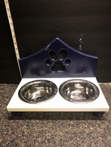 Blue &amp; White Wooden Double Bowl Holder Includes Stainless Steel 1 Pint Bowls . - £15.98 GBP