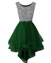 Vintage Beaded High Low Sheer Organza Prom Evening Formal Dresses Emerald Green  - £95.54 GBP