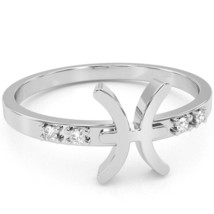 Pisces Zodiac Sign Diamond Ring In Solid 14k White Gold - £200.26 GBP