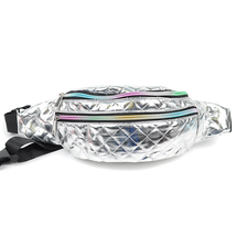 Quilted Metallic Silver Fanny Pack Belt Bag Sling Bag with Iridescent Zi... - £19.46 GBP