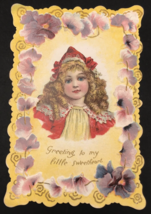 Victorian 1880s Embossed Die Cut Girl w/ Red Hat Pink Floral Frame Greet... - $13.99