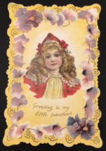 Victorian 1880s Embossed Die Cut Girl w/ Red Hat Pink Floral Frame Greet... - £11.06 GBP