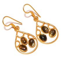 Shiny Labradorite Natural Oval Gemstone Gold Plated Handmade Drop Dangle Earring - £10.47 GBP