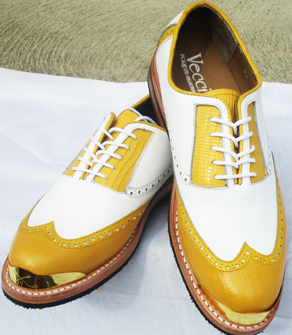 Primary image for Men Bari Yellow Lizard wing tip  Gold Toe golf shoes by Vecci