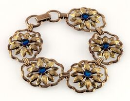 Kunst Deko 12k Gold Gefüllt an Sterling Silber Saphir Blumen Armband 17.8cm - $218.99 CAD