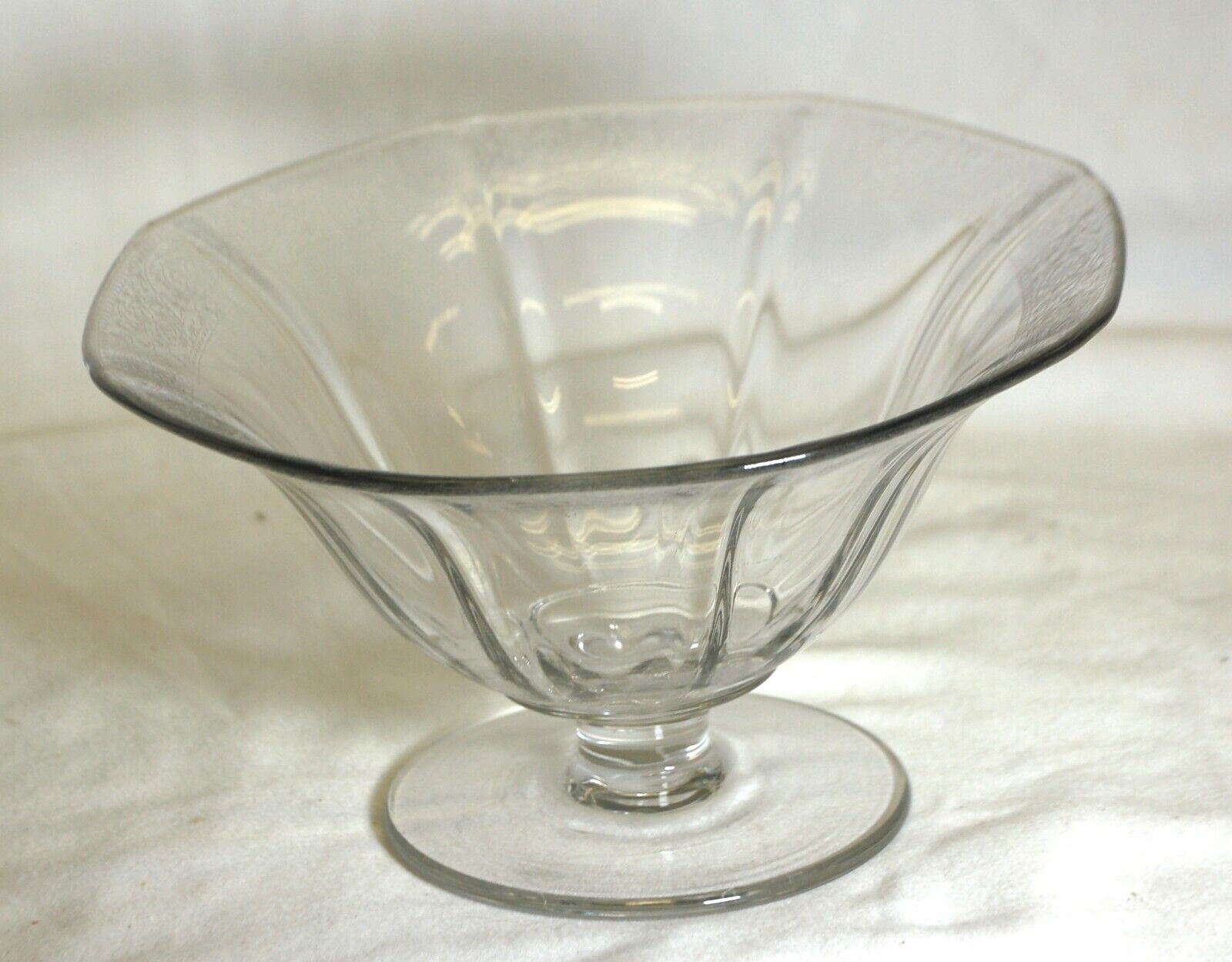 Etched Glass Footed Compote Dish Ornate Designs 8 Panels Vintage - $39.59