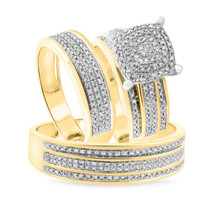 14K Yellow Gold Over 925 Silver 0.80 Ct Diamond Trio His &amp; her Wedding Ring Set - £111.98 GBP