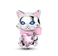 2024 New Charm S925 Kitten with Pink Heart Fit Bracelet and Necklace - £8.65 GBP