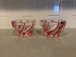 Mikasa Crystal Candle Holder Pair 4” Clear Cranberry Swirl - £12.91 GBP