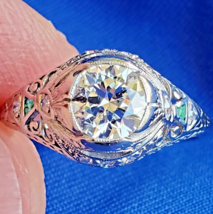 Earth mined Diamond Art Deco Emerald Engagement Ring Antique Platinum Solitaire - $13,865.25