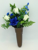 Crypt Mausoleum Vase &amp; Silk Cream Roses Blue Delphinium Flowers w/ Button Bolt S - £73.58 GBP