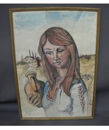 Watercolor on board Portrait of crying Arabian farm girl with Jar Painti... - $341.75 CAD
