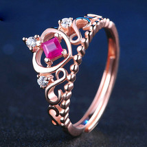 Pink Princess Cut Natural Ruby 7mm Tiara Crown Adjustable Ring 14K Rose Gold Fn - £120.19 GBP