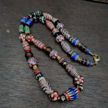 Blue Chevron Skunk White Heart Feather Venetian Beads African Beads Necklace - £45.67 GBP