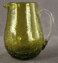 Vintage WV Art Glass Olive Green &amp; Clear CRACKLE Creamer Pitcher 3.75&quot; Tall - £8.66 GBP