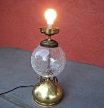 Vintage Hollywood Regency Crackle Glass Globe w/ Brass Sculpture Table Lamp 30&quot; - £77.00 GBP