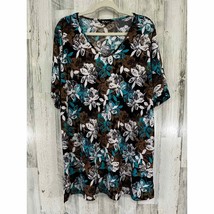 Ulla Popken Womens Floral Tunic Size 20 22 Brown Teal White Vneck - $13.82