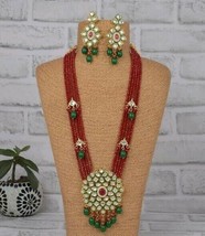 Orange Green Beautiful Kundan Beads Mala Necklace Pendant Earrings Jewelry Set - £40.68 GBP