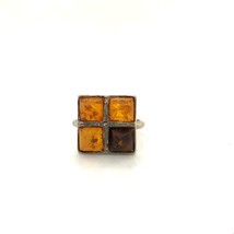 Vintage Sterling Signed 925 Four Square Cabochon Honey Amber Stone Ring sz 6 3/4 - £30.23 GBP