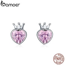 Authentic 925 Sterling Silver Sweet Pink Heart of Crown Stud Earrings for Women  - £16.31 GBP