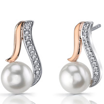 Sterling Silver &amp; Rose Gold Tone 7.5mm White Pearl Earrings - £67.78 GBP