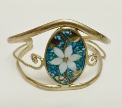 VINTAGE Mexico Silver Cuff Bracelet Abalone Shell Flower Inlay Mexican - £27.08 GBP