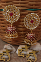 Bollywood Indian Pearl Enameled Red Jhumka Jhumki Earrings Bridal Jewelry Set - £22.50 GBP