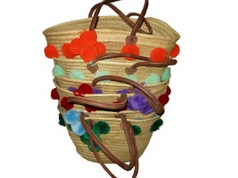 Moroccan Basket with Pompoms, Moroccan Market Basket, Moroccan French Basket - £35.02 GBP