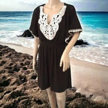 Sequin Hearts Dress M Pom Poms Crochet Neckline Beach Woodland Brown Boh... - $19.79