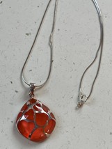 925 Marked Thin Tubular Silver Snake Chain w Orange Glass w Silver Hearts Overla - £17.51 GBP