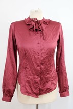 Vtg Stuart Lang NSL 7/8 Ruffle Tie Neck Rust Red Satin Button Front Top ... - $22.80